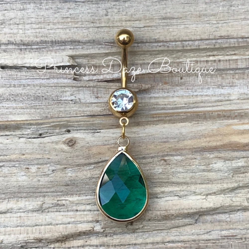 Gold Green Faceted Glass Crystal Belly Button Ring